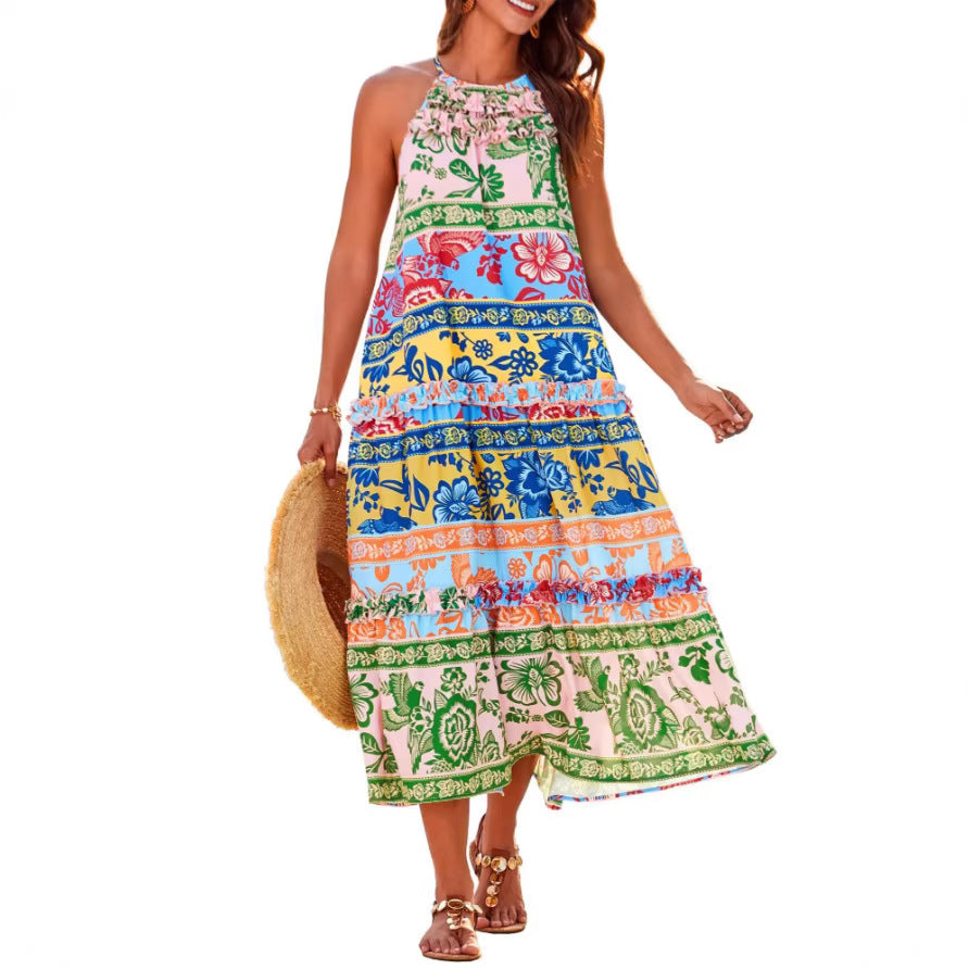 Fashionable Printed Contrast-Color Dress Womens Clothing