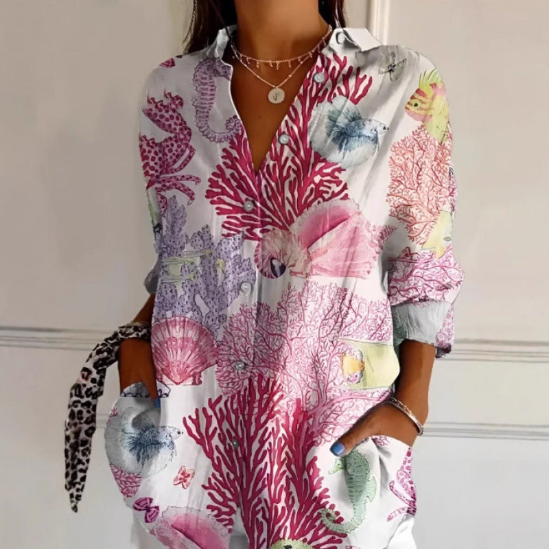 Floral Print Long-sleeved Shirt Women's Casual Button Tops Clothing | Koalakits36