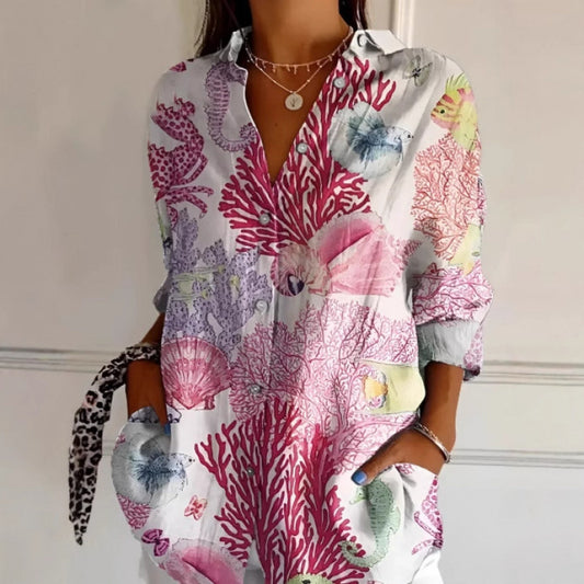 Floral Print Long-sleeved Shirt Women's Casual Button Tops Clothing | Koalakits36
