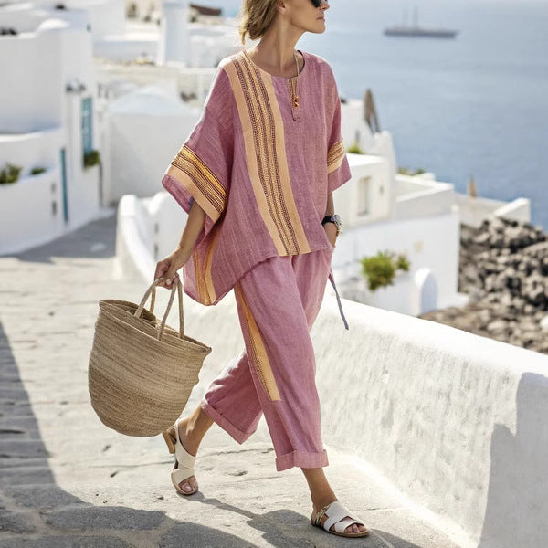 Summer Striped Suits Loose Batwing Sleeve T-shirt And Solid Straight-leg Pants | Koalakits36