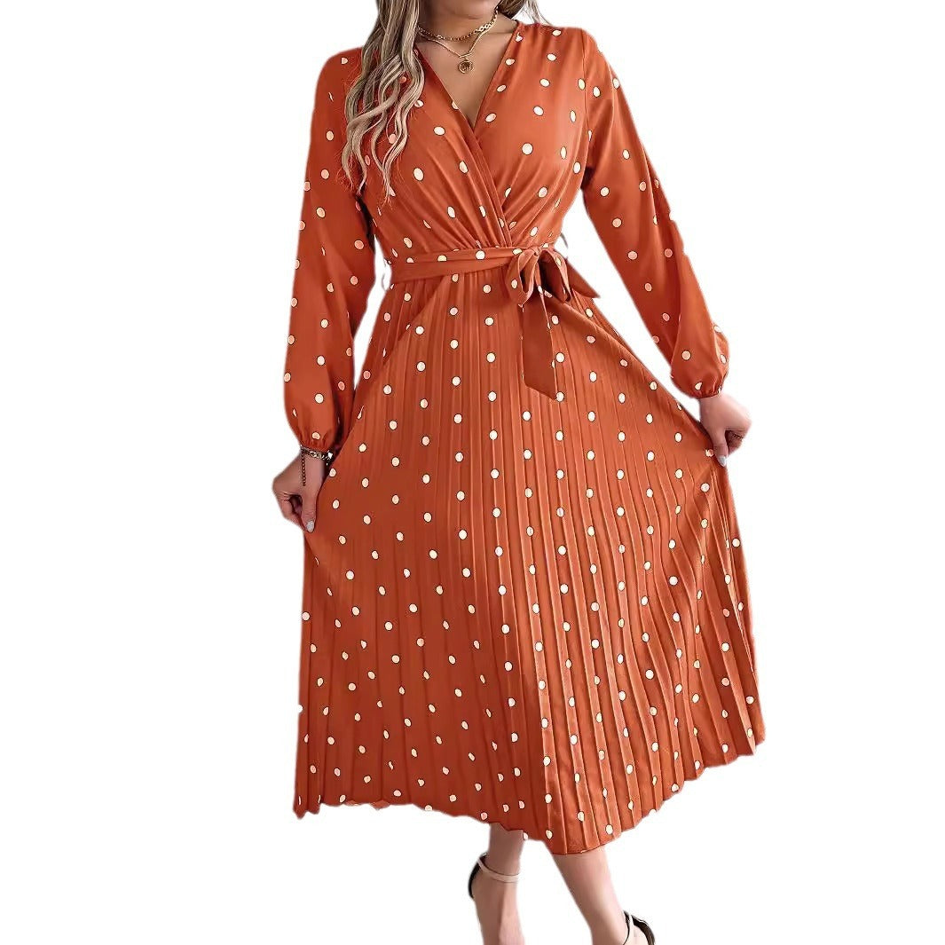Spring Summer Elegant Long Dress Cross V-Neck Contrast Polka Dot Long Sleeve | Koalakits36