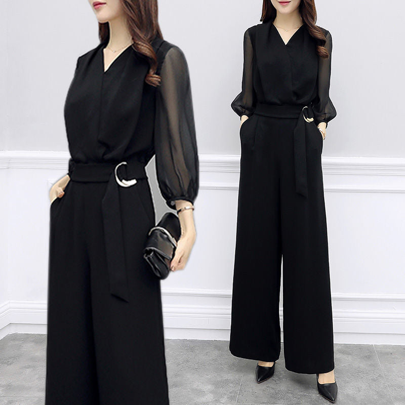 High-waisted Casual Black Three-quarter-sleeve Jumpsuit Set