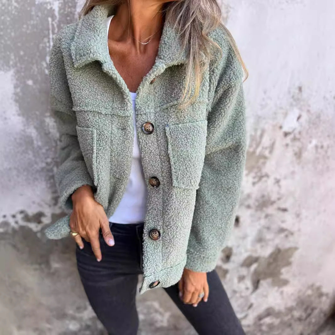 Women's Lamb Wool Coat Winter Lapel Single Breasted Jacket Outwear Warm Cropped Tops