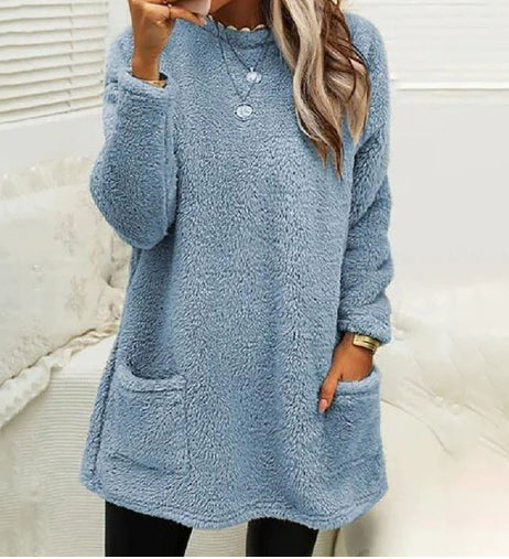 Women's Fleece Pullover Long Sweater With Pockets with Hoodie Winter Warm Thicken Casual Long Sleeve Plush Loose Tops Koalakits36