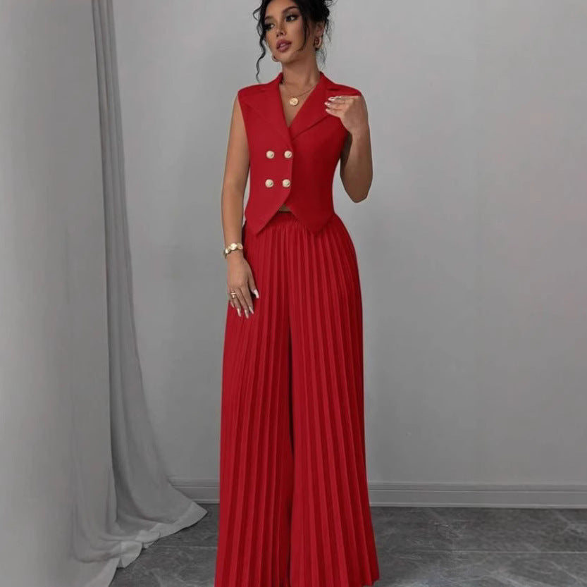 Summer Sleeveless Suit Fashion Lapel Button Vest Top And Pleated Straight Pants | Koalakits36