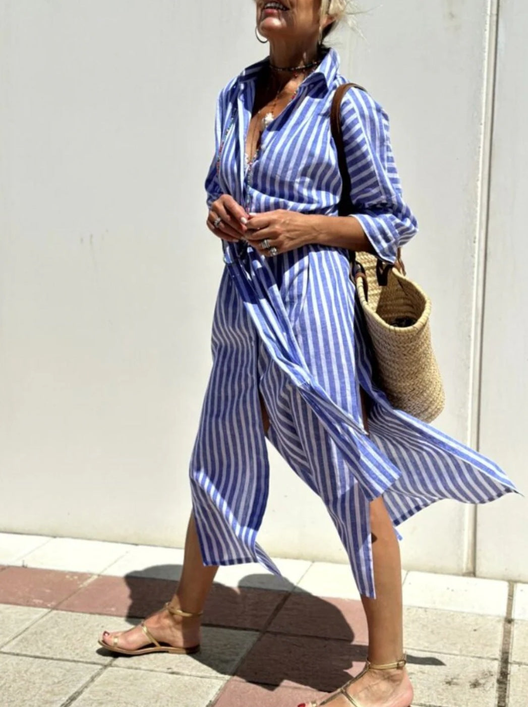 Striped Shirt Dress With Belt Fashion Half-sleeved Lapel Button Cardigan Dresses