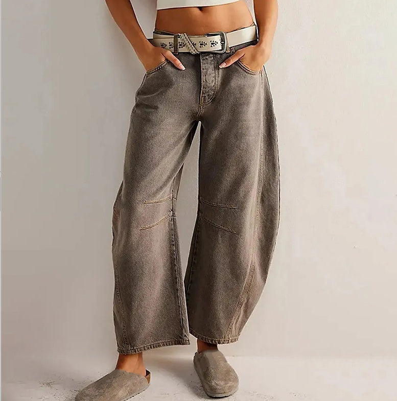 High Stretch Mid-Rise Barrel Jeans Fashion Wide Leg Shape Women Casual Baggy Mid Waist  | Koalakits36