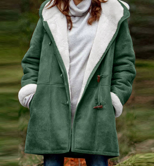 Winter Vintage Button Jackets Women's Warm Fleece Hooded Coat Casual Mid-Length Trench Koalakits36