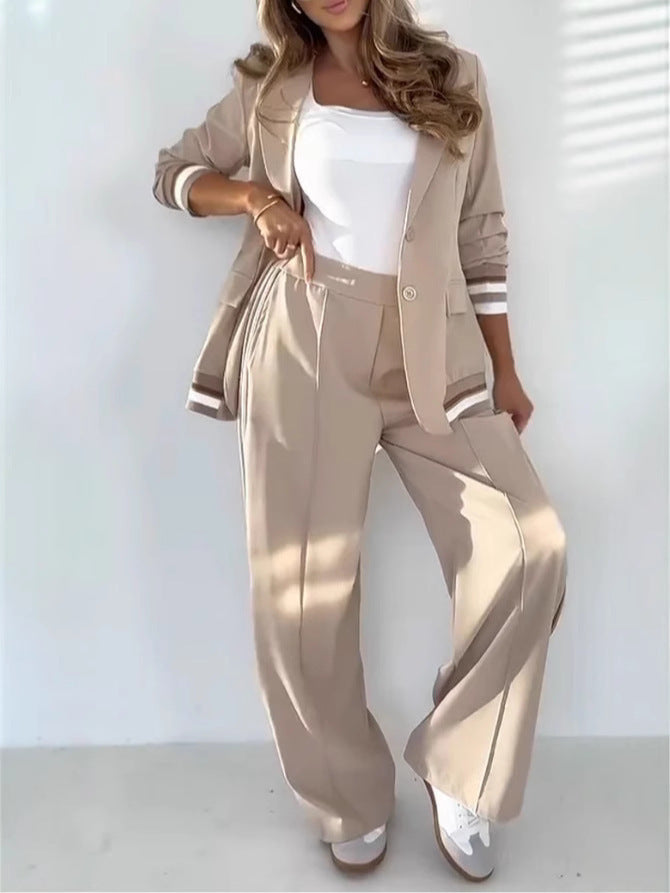 2 Pcs Set Women Suit Coat and Pants - Lapel Long Sleeves Jacket Wide - Leg High Waist Trousers | Koalalkits36