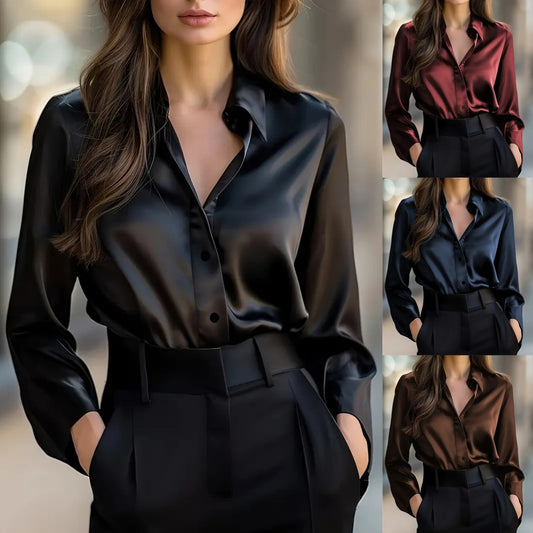 Elegant Satin Long Sleeve Blouse For Women Button-Up Collar Shirt Perfect For Casual Professional Business Work Wear Koalakits36