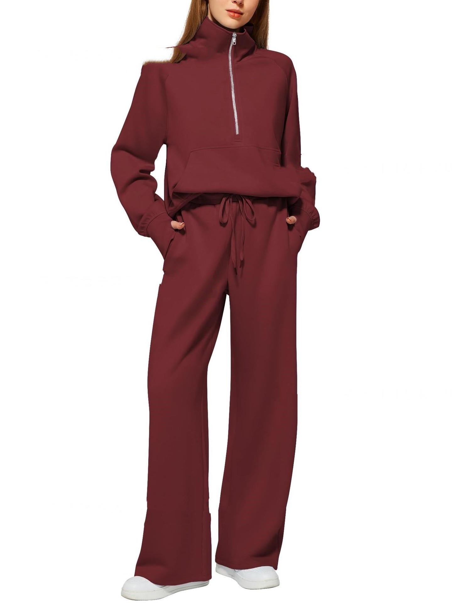 Women’s Solid Color Half-Zip Sweatshirt & Wide Long Pants