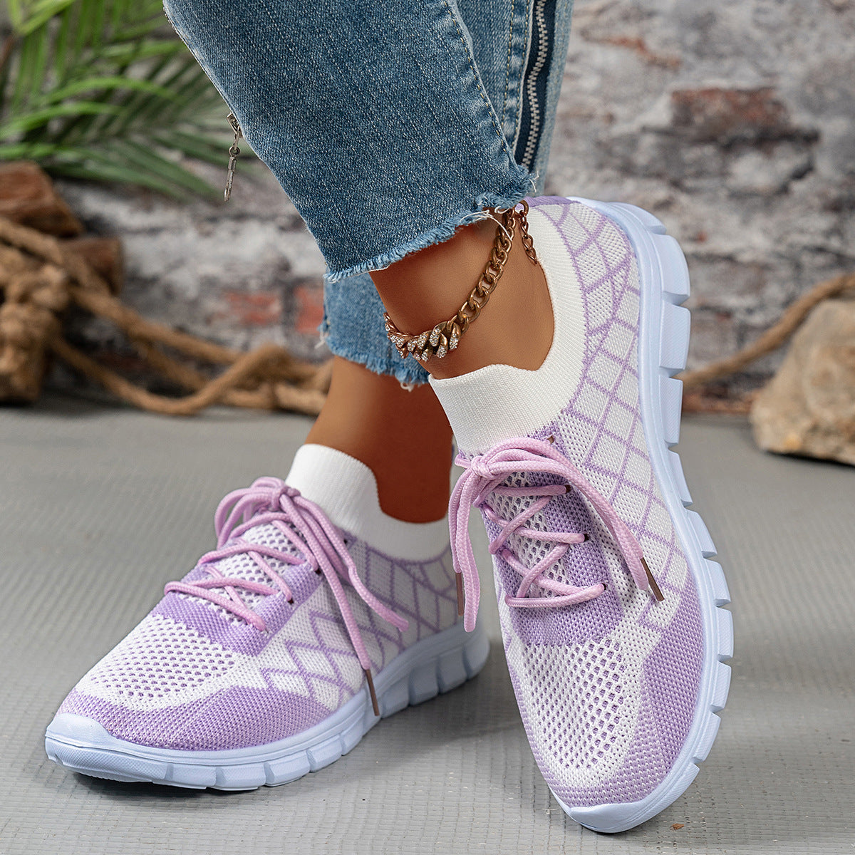 Colorblock Plaid Lace-Up Flyknit Sneakers Ins Mesh Casual Shoes Fashion Breathable | Koalakits36