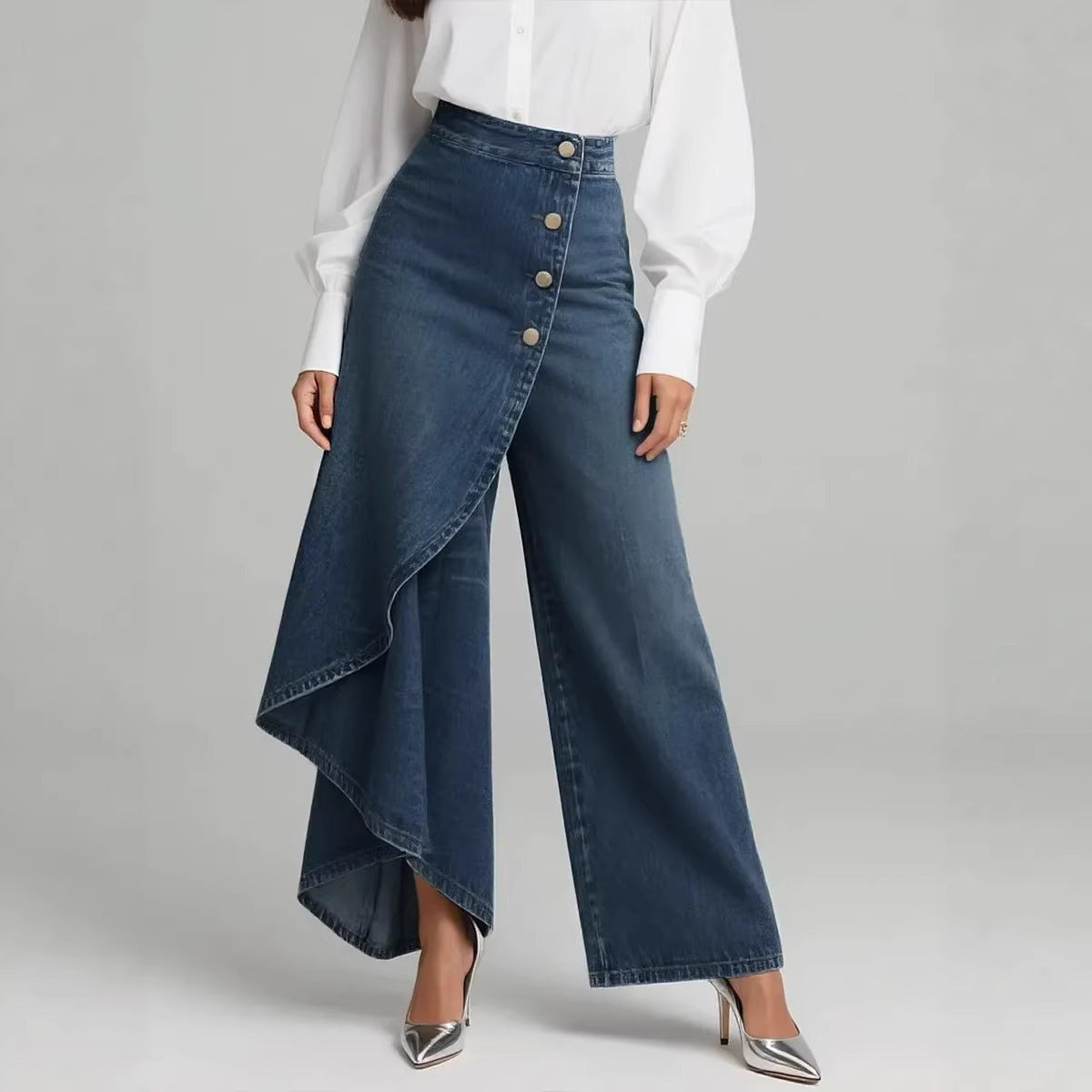Unique Straight-leg Pants Fashion Large Ruffled Buttons Trousers Women's Faux Jeans Clothing