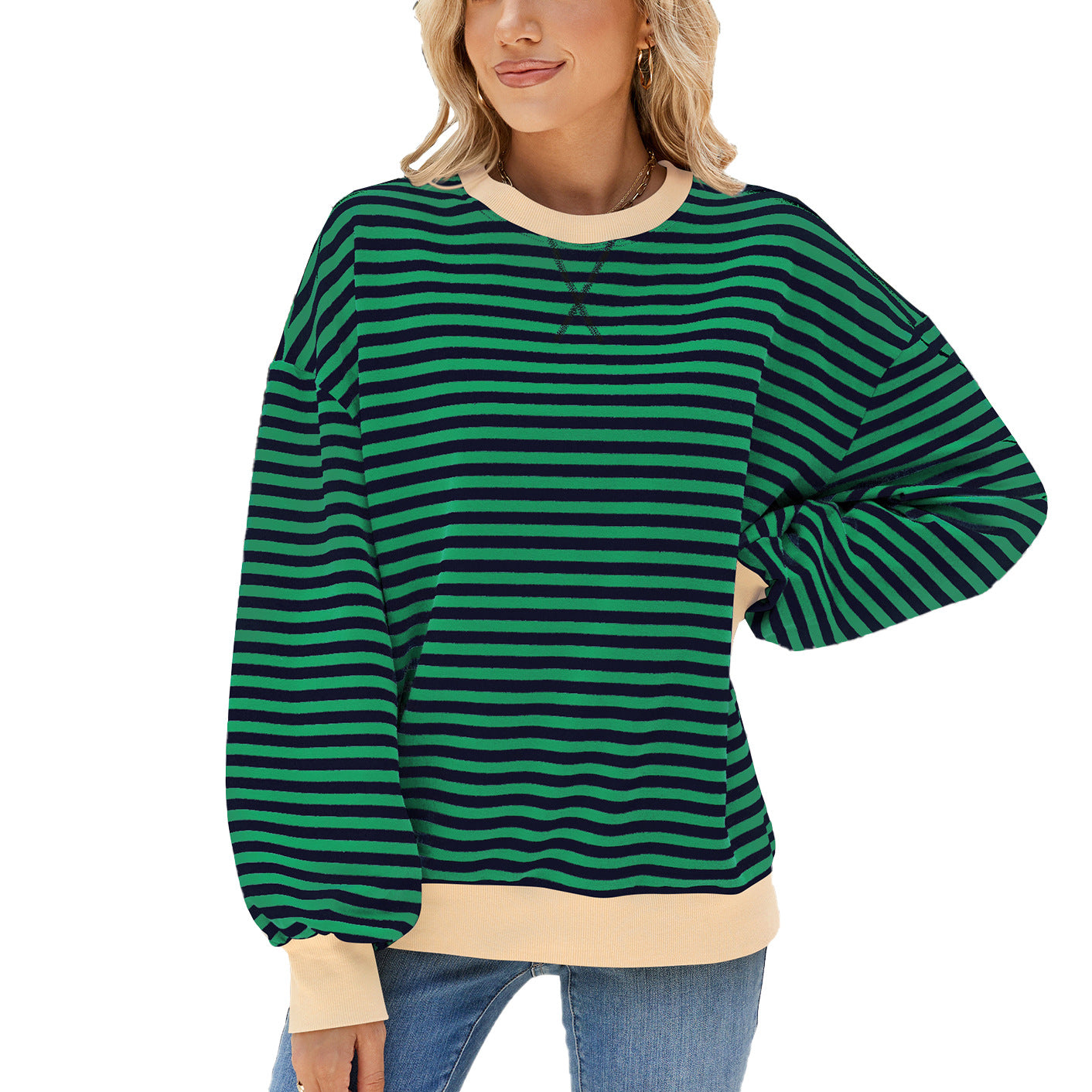 Women's Stripes Round Neck Contrast Color Loose Long Sleeve Sweatshirt