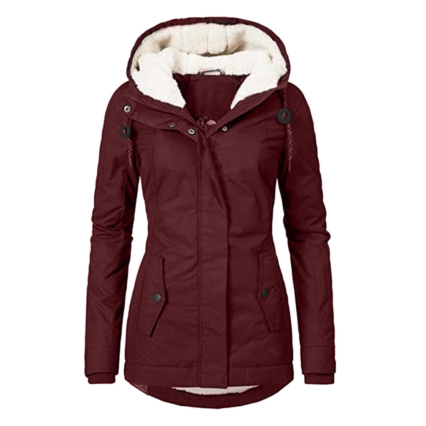 Winter Hooded Jacket Solid Color Warm Buckle Zip-up Fleece Jacket With Pockets Women's Casual Jacket Koalakits36