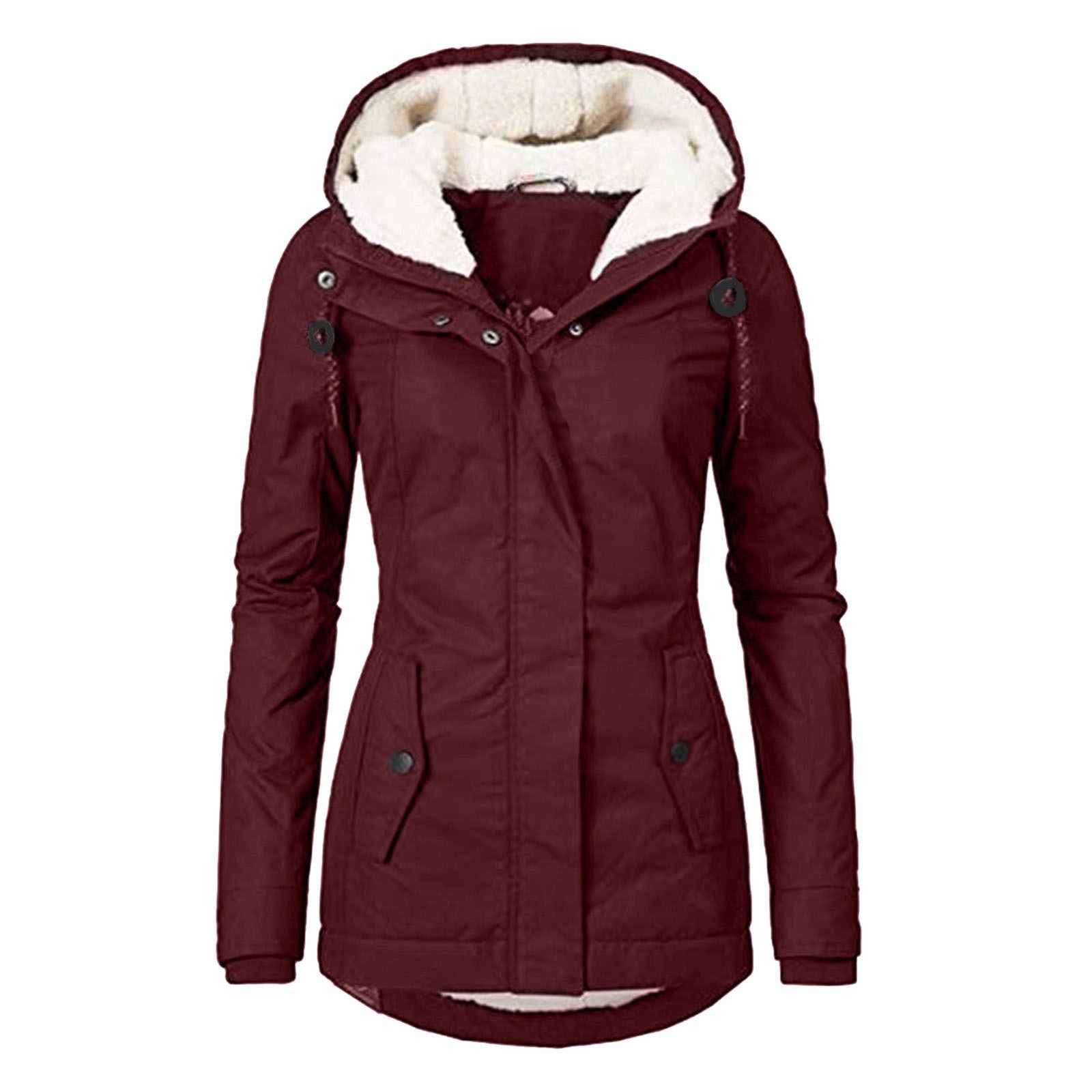 Winter Hooded Jacket Solid Color Warm Buckle Zip-up Fleece Jacket With Pockets Women's Casual Jacket Koalakits36