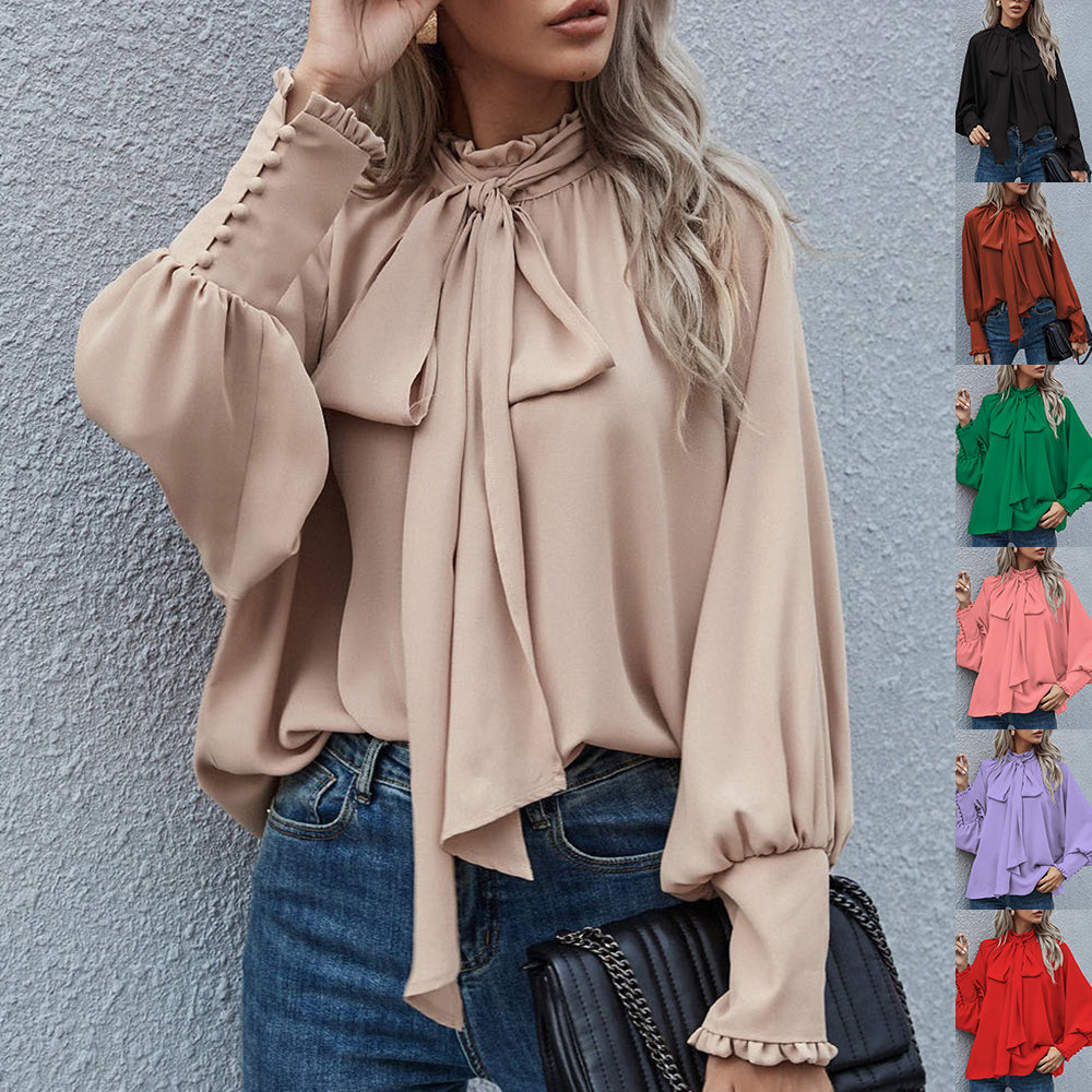 Long-sleeved Blouse Bowknot Puff Sleeves Fashion Commuter Office Tops  Koalakits36