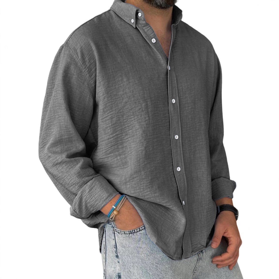 Mens Washed-cotton Long-sleeve Button-down Shirt