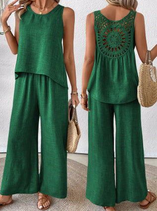 2 Pieces Set Women's Sleeveless Solid Color Back Hollow Lace Suit Summer Trendy Casual Top Wide Leg Pants Set For Daily Wear Holiday Outfit