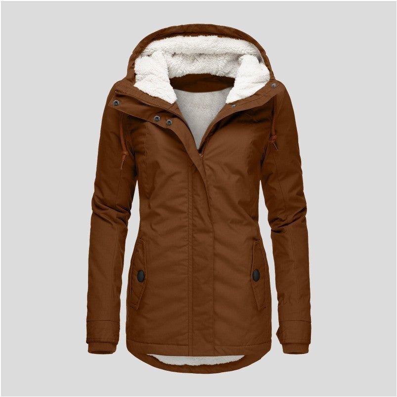 Winter Hooded Jacket Solid Color Warm Buckle Zip-up Fleece Jacket With Pockets Women's Casual Jacket Koalakits36