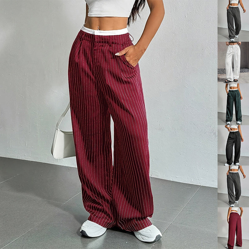 Stripe Printed Trousers Fashion High Waist Straight Leg Pants With Pocket Zipper Casual  | Koalakits36