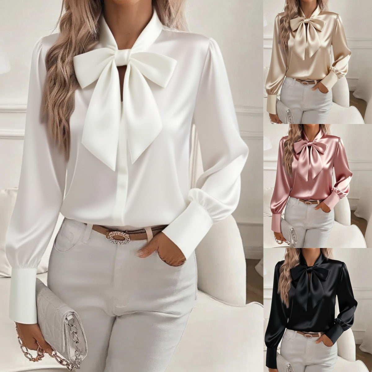 Women’s Bow-Tie Blouse Lace-Up Pullover for Commuting