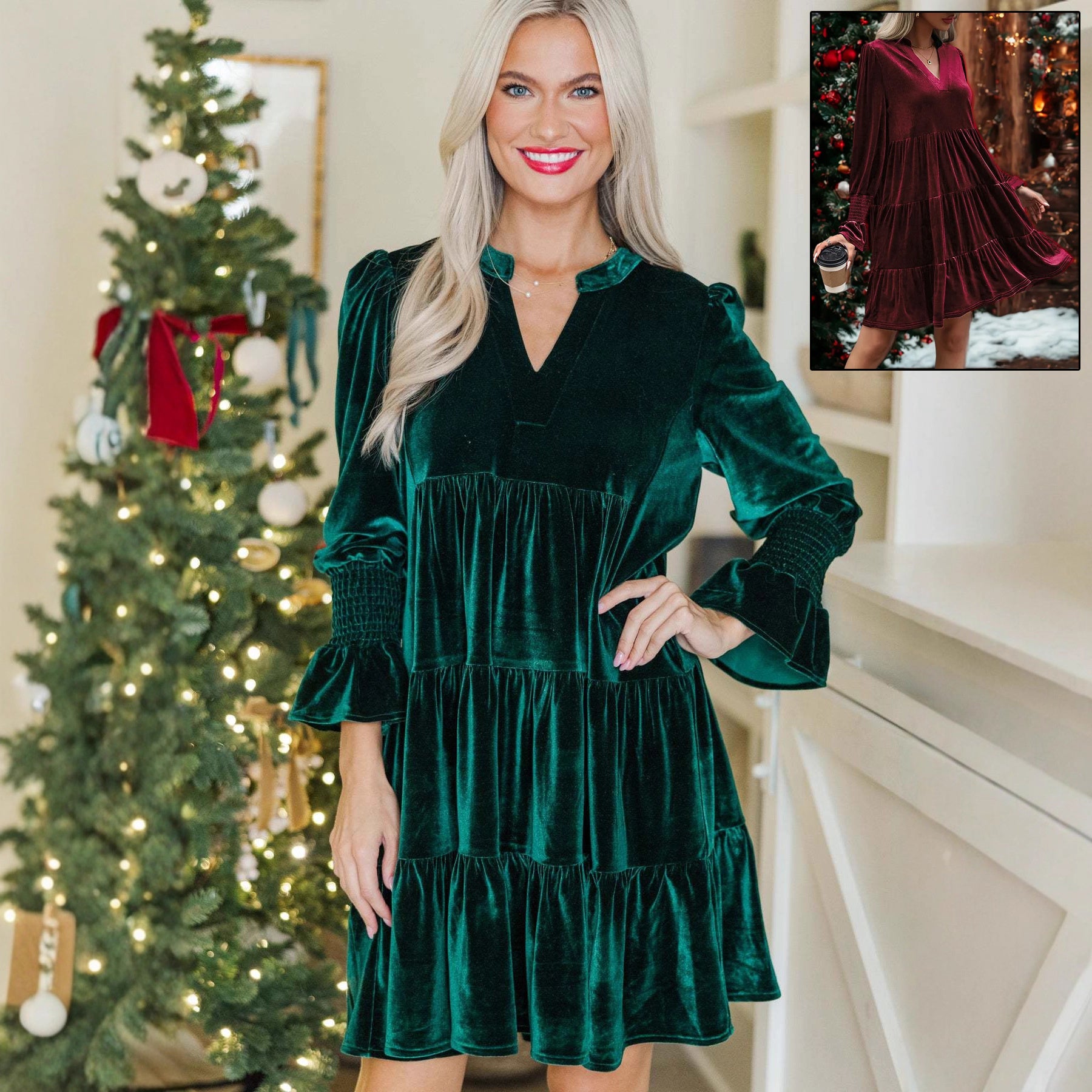 Long Sleeve Christmas Skirt Velvet Cake Dresses With Puffy Sleeves And V-Neck Mini Skirt Elegant Short Dress For Women Koalakits36
