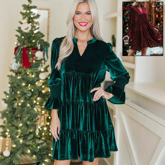 Long Sleeve Christmas Skirt Velvet Cake Dresses With Puffy Sleeves And V-Neck Mini Skirt Elegant Short Dress For Women Koalakits36