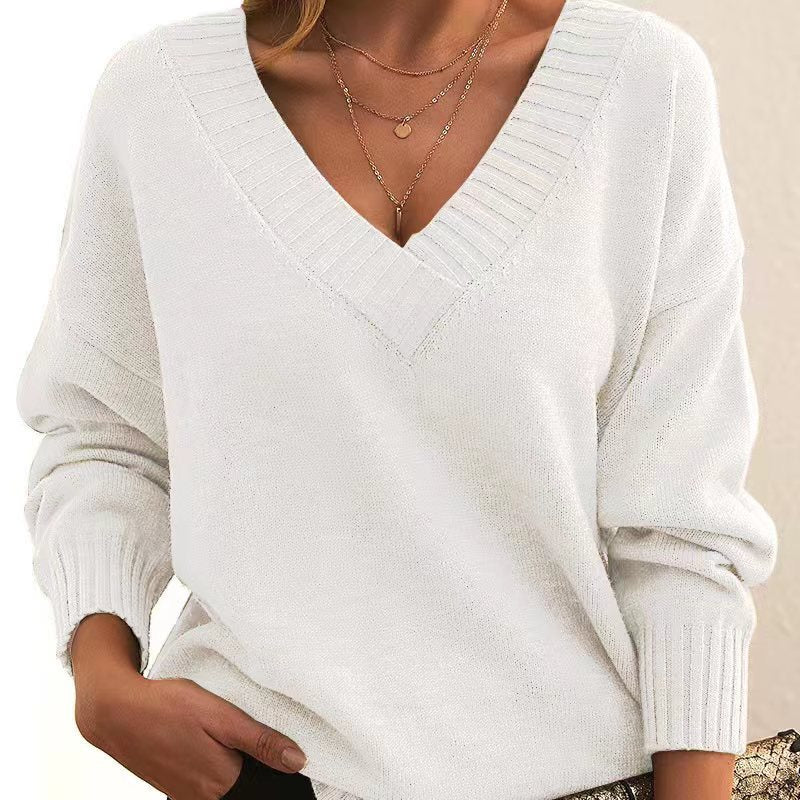 Solid V-neck Sweater Fashion Loose Long-sleeved Knitted Women's Tops Koalakits36