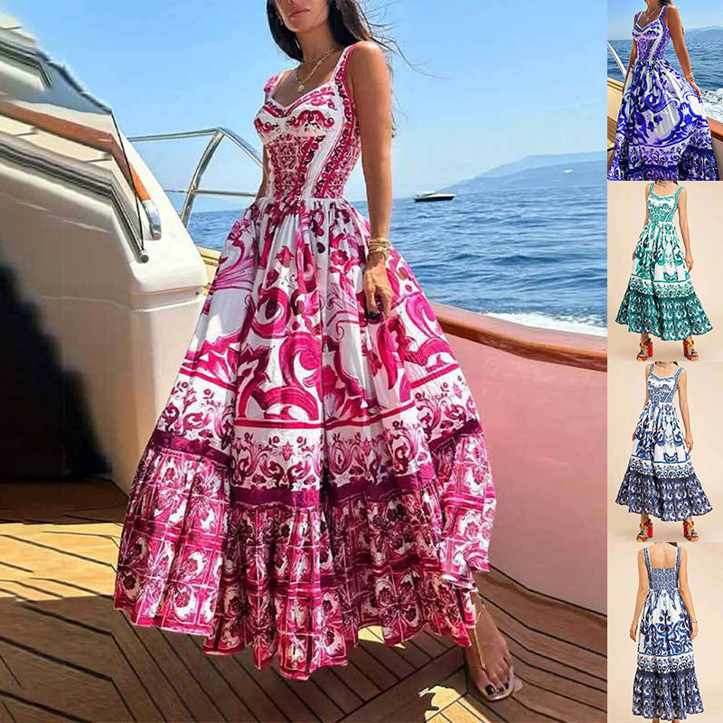 Printed Sleeveless Dress Fashion Spaghetti Waist-controlled Large Hem Dresses For Women | Koalakits36