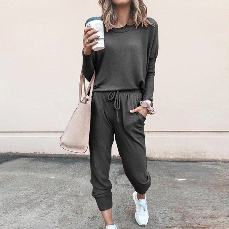 Women's Long Sleeve Suit Fashion Pullover Top And Pockets Drawstring Long Pants Solid Color Casual Sports Trouser Suit Clothing Koalakits36