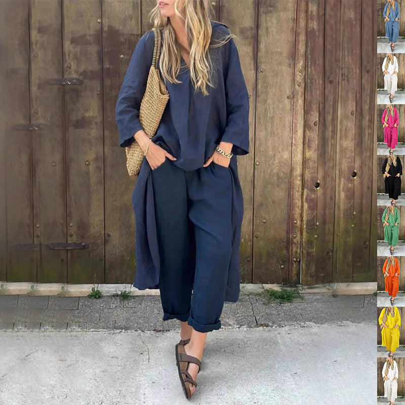 2pcs Long-sleeved Suits Loose V-neck Long Top And High Waist Wide Leg Pants | Koalakits36