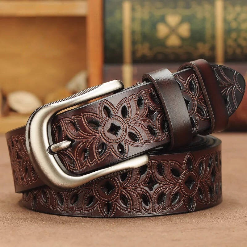 Hollow Pattern Trend Waistband Genuine Vintage Pin Buckle Strap Jeans Belt for Women