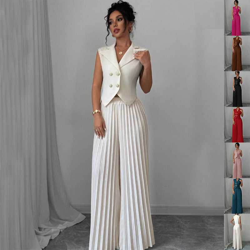 Summer Sleeveless Suit Fashion Lapel Button Vest Top And Pleated Straight Pants | Koalakits36