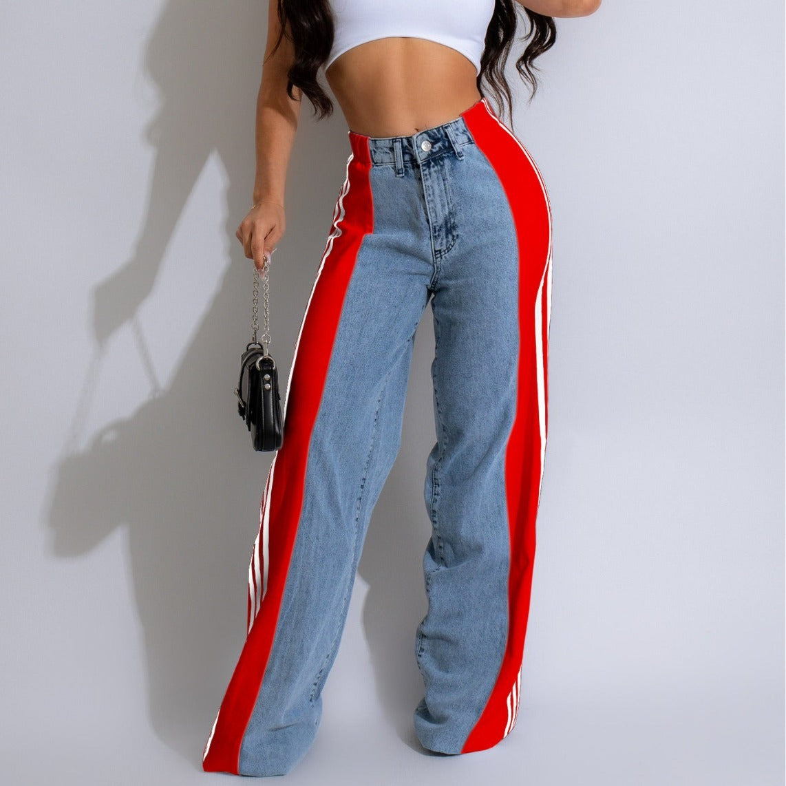 Fashion Casual High Waist Elastic Straight Leg Trousers Three Stripe Patchwork Denim Wide Leg Pants