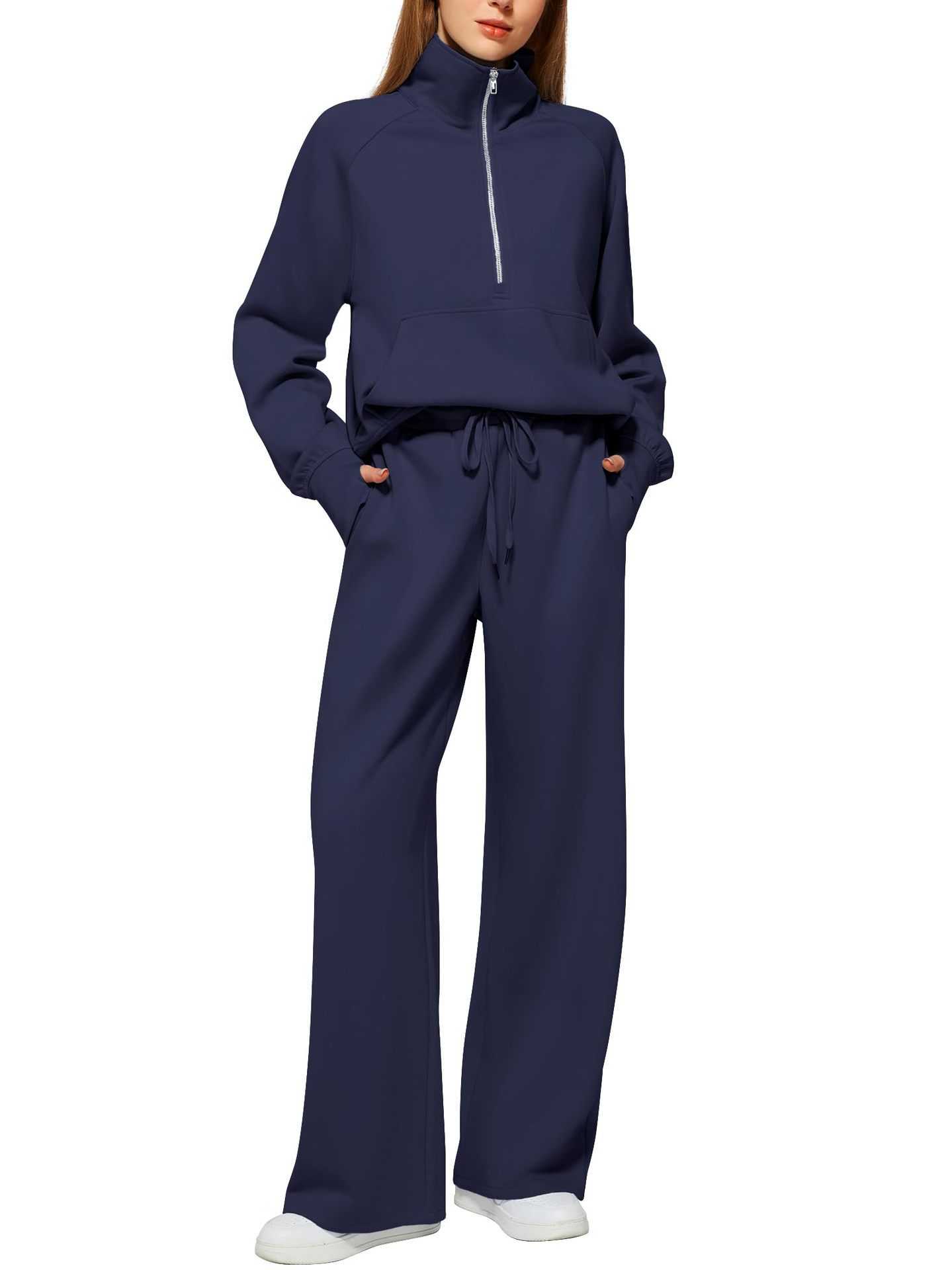 Women’s Solid Color Half-Zip Sweatshirt & Wide Long Pants
