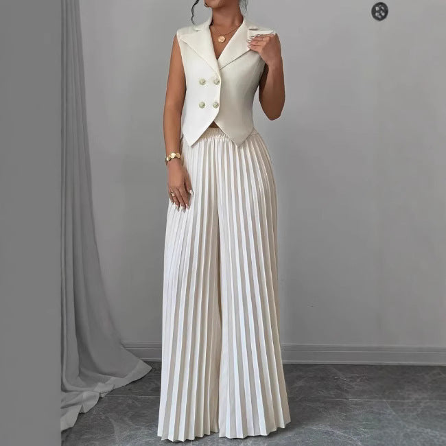 Summer Sleeveless Suit Fashion Lapel Button Vest Top And Pleated Straight Pants | Koalakits36