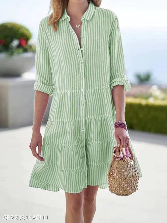 Striped Long-sleeved Shirt Dress Fashion Lapel Button Dresses For Women | Koalakits36