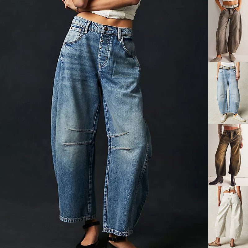 High Stretch Mid-Rise Barrel Jeans Fashion Wide Leg Shape Women Casual Baggy Mid Waist  | Koalakits36