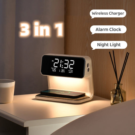 3 In 1 Bedside Lamp Wireless Charging LCD Screen Alarm Clock Wireless Phone Charger