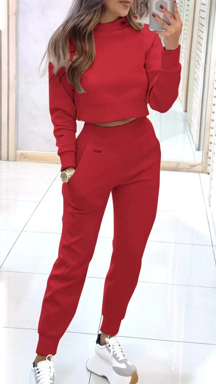 Sports Suit Fashion Pullover Long-sleeves Short Top And Slim Trousers With Pockets Solid Outfits Women's Clothing