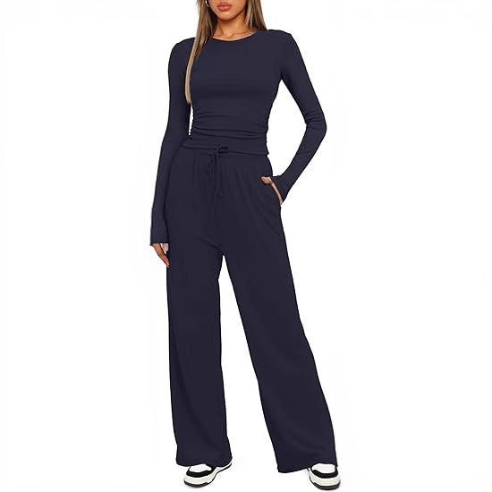Women's Casual Suit Long Sleeve Tops High Waisted Wide Leg Pants Sportswear Clothes Solid Color | Koalakits36