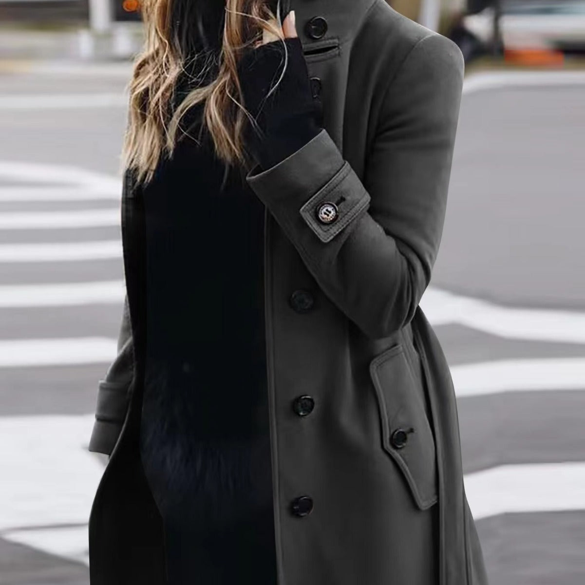 Woolen Winter Coat Women's Slim Fit Cardigan Large Coat with Long Sleeve Single Breasted Stand Collar Koalakits36