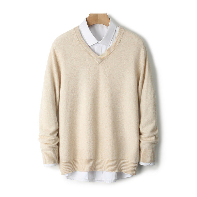 V-Neck Cashmere Sweater – Extra-Thick, Loose-Fit Warm Pullover for Autumn & Winter Wear