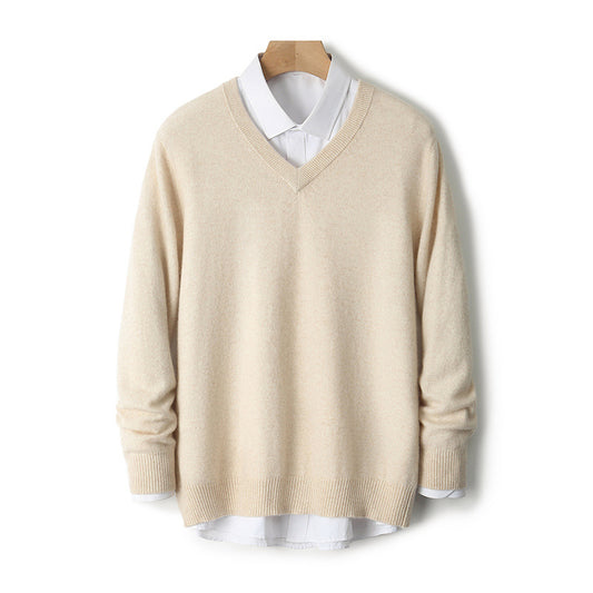 V-Neck Cashmere Sweater – Extra-Thick, Loose-Fit Warm Pullover for Autumn & Winter Wear