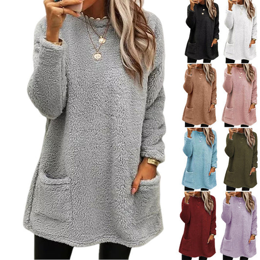 Women's Fleece Pullover Long Sweater With Pockets with Hoodie Winter Warm Thicken Casual Long Sleeve Plush Loose Tops Koalakits36