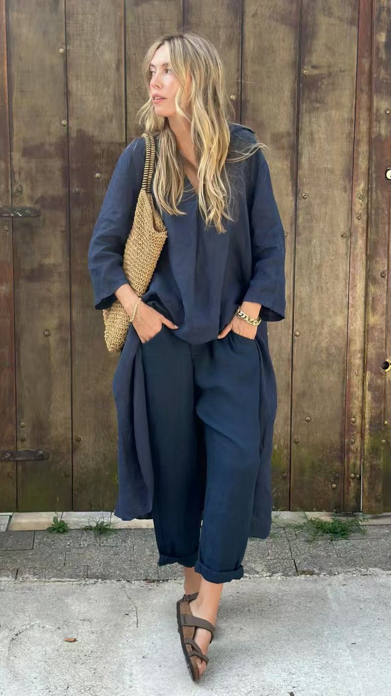 2pcs Long-sleeved Suits Loose V-neck Long Top And High Waist Wide Leg Pants | Koalakits36