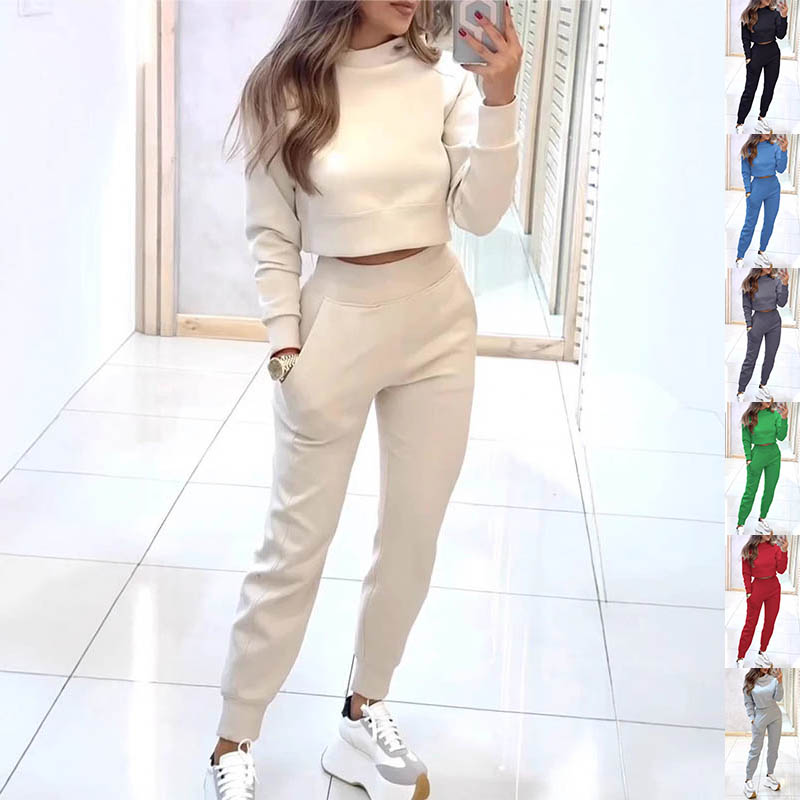 Sports Suit Fashion Pullover Long-sleeves Short Top And Slim Trousers With Pockets Solid Outfits Women's Clothing