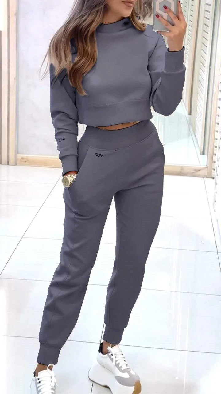 Sports Suit Fashion Pullover Long-sleeves Short Top And Slim Trousers With Pockets Solid Outfits Women's Clothing