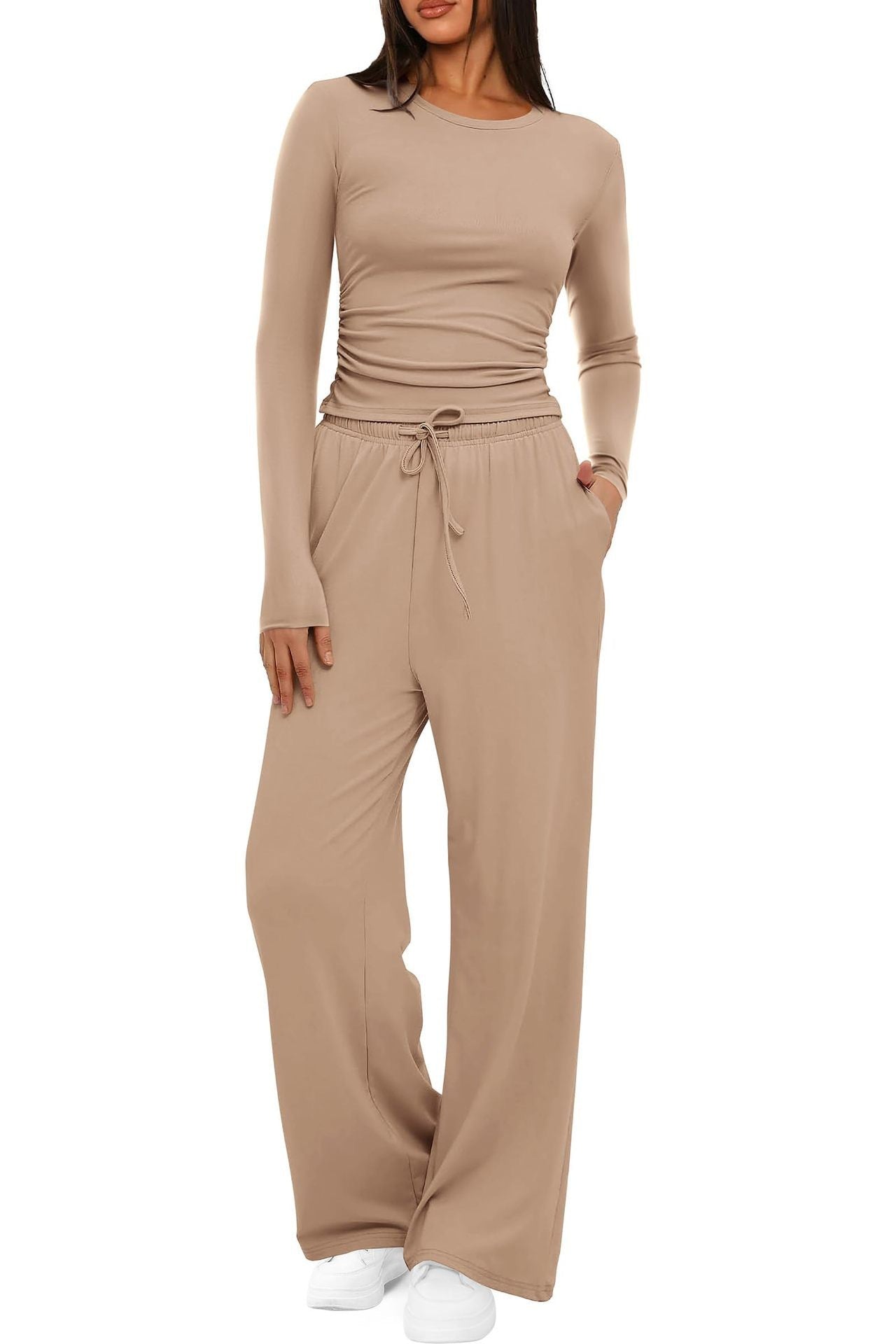 Women's Casual Suit Long Sleeve Tops High Waisted Wide Leg Pants Sportswear Clothes Solid Color | Koalakits36